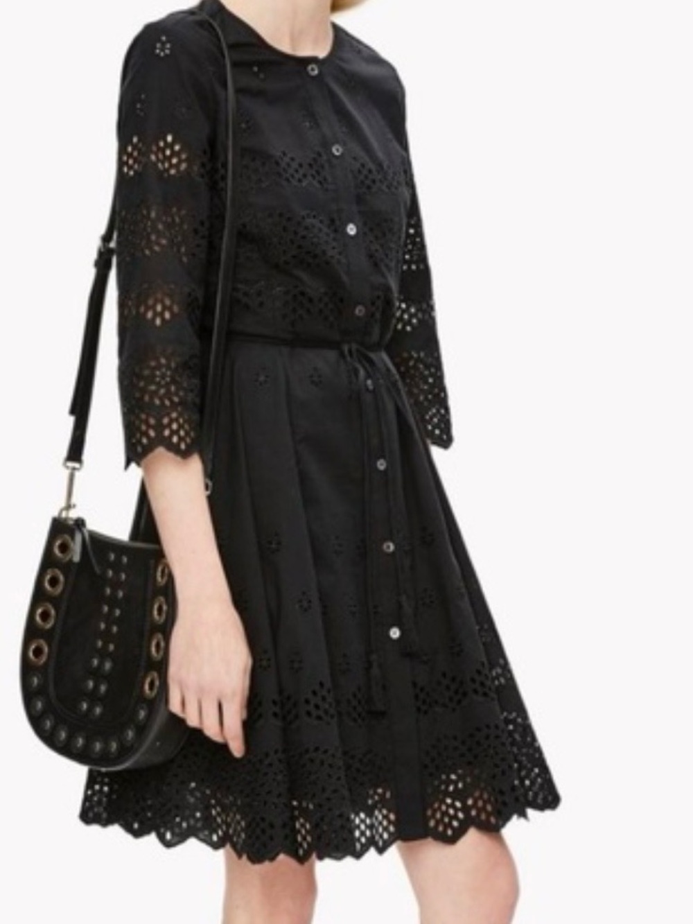 Theory Structured Eyelet Shirt Dress Black Cotton 3/4 sleeves Size 6
